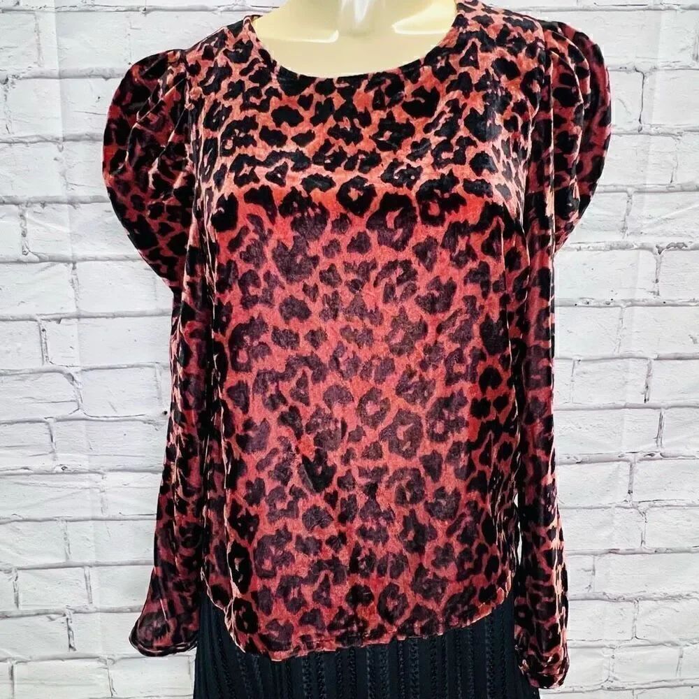 Anthropologie Dolan Women's Red Charley Leopard Velvet Blouse Top Small